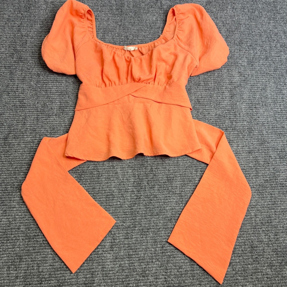 Altar'd State Womens Coral Orange Puff Sleeve Peplum Tie Back Blouse Large